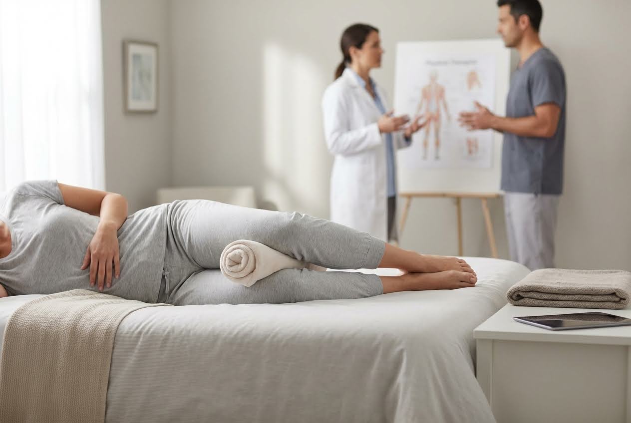 Person in gray pajamas lying on their side with a rolled towel between their knees, while a doctor and patient talk in the background
