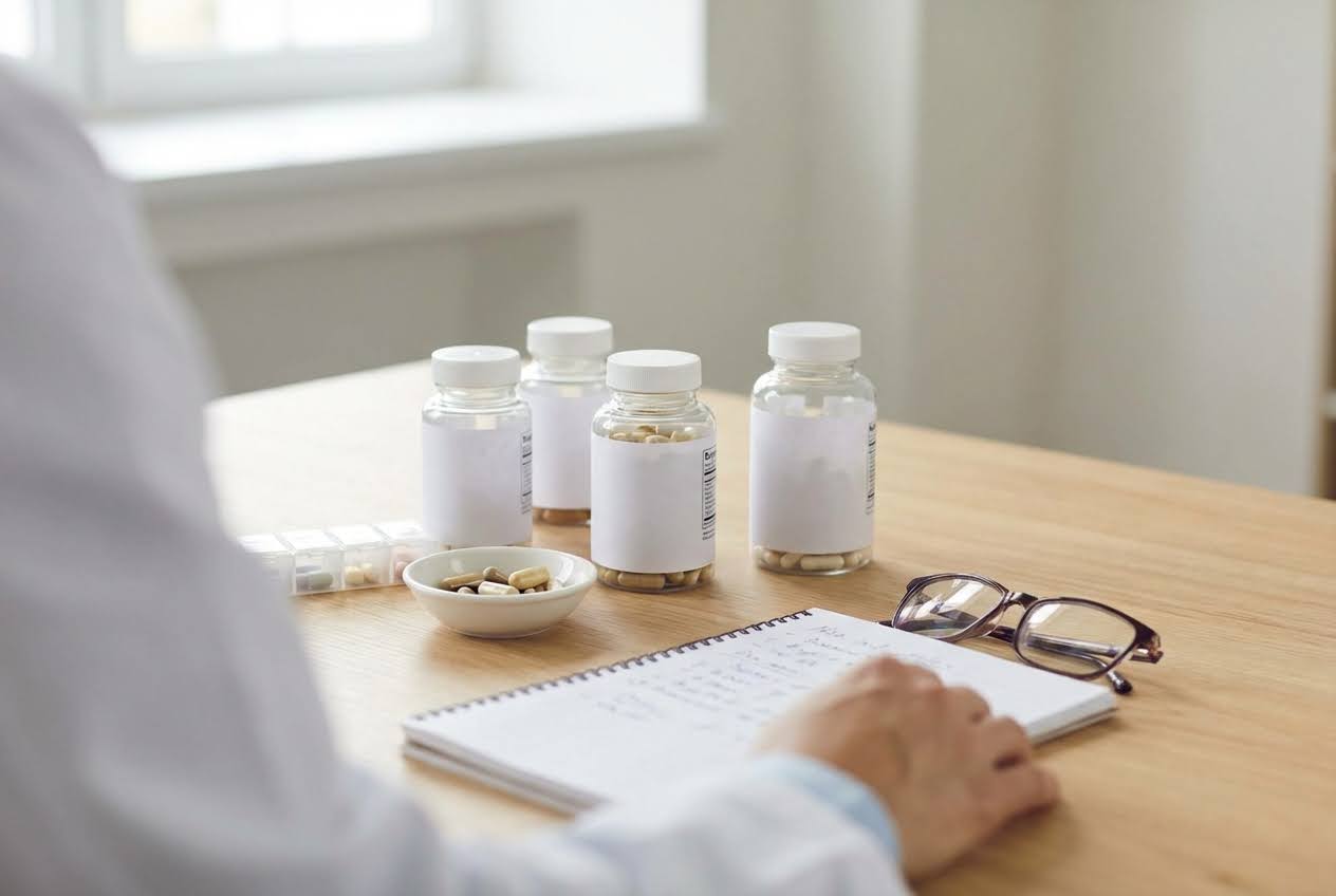 Person in a white coat writing in a notebook, with four vitamin bottles, a pill organizer, and a small bowl of pills on a light wooden table.