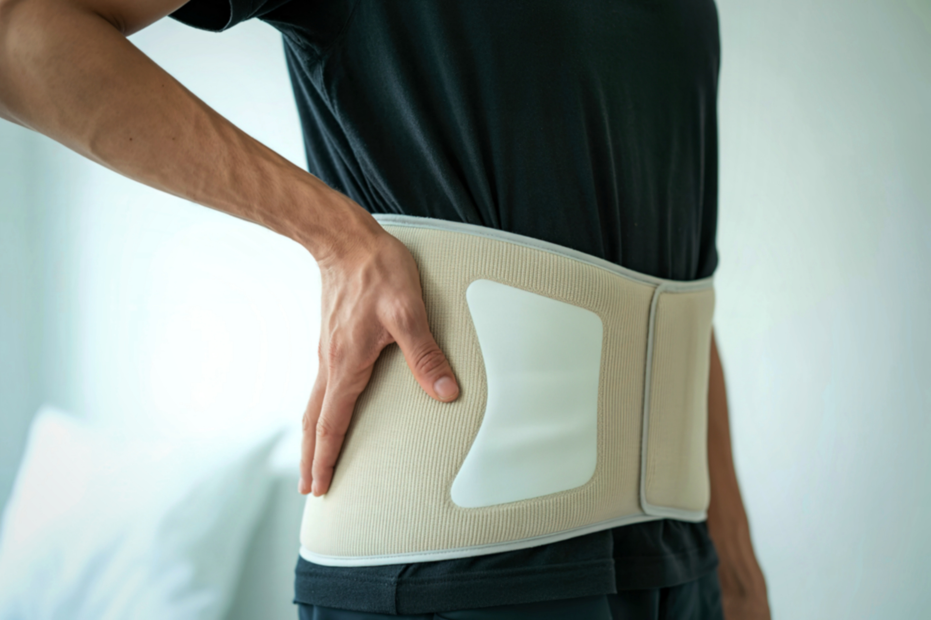 Person wearing a lower back support belt, holding their side