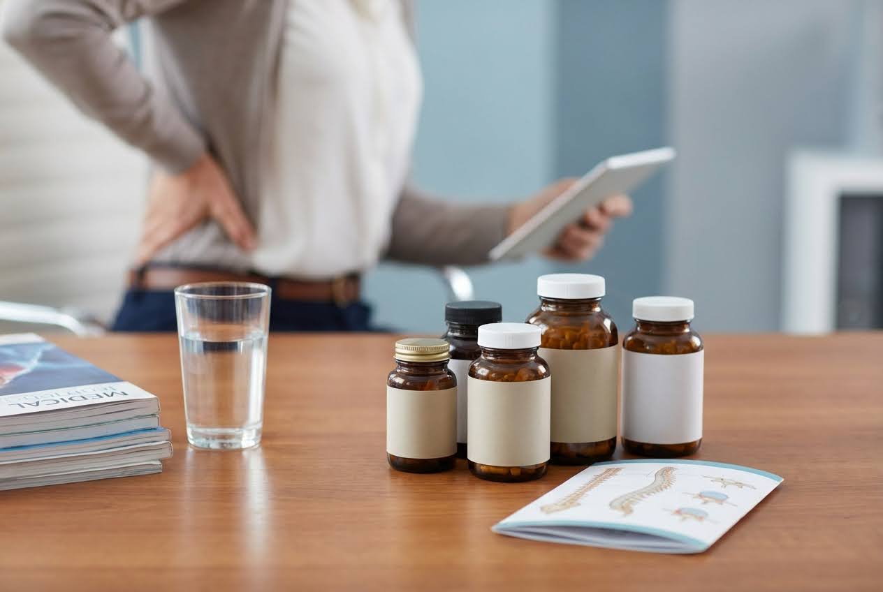 Person with back pain holding a tablet, with supplement bottles, water, and a spine diagram on a wooden desk