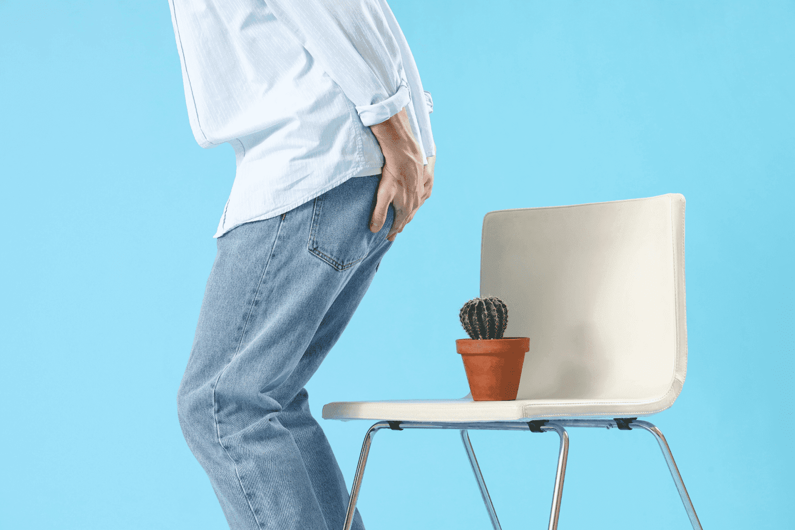 Person with discomfort near the buttocks and a cactus on the chair.