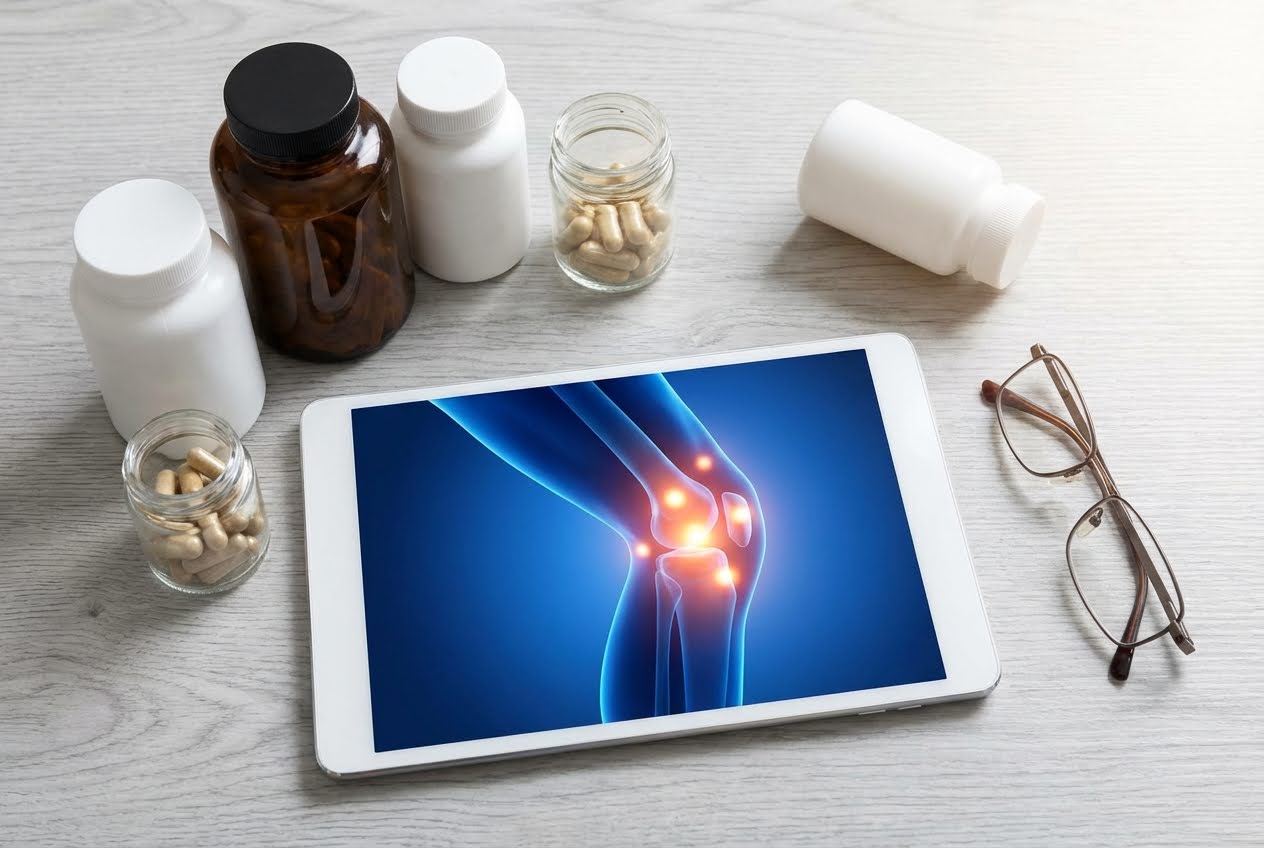 Pill bottles and a tablet displaying an X-ray of a knee with glowing pain points, next to reading glasses on a light wooden table.