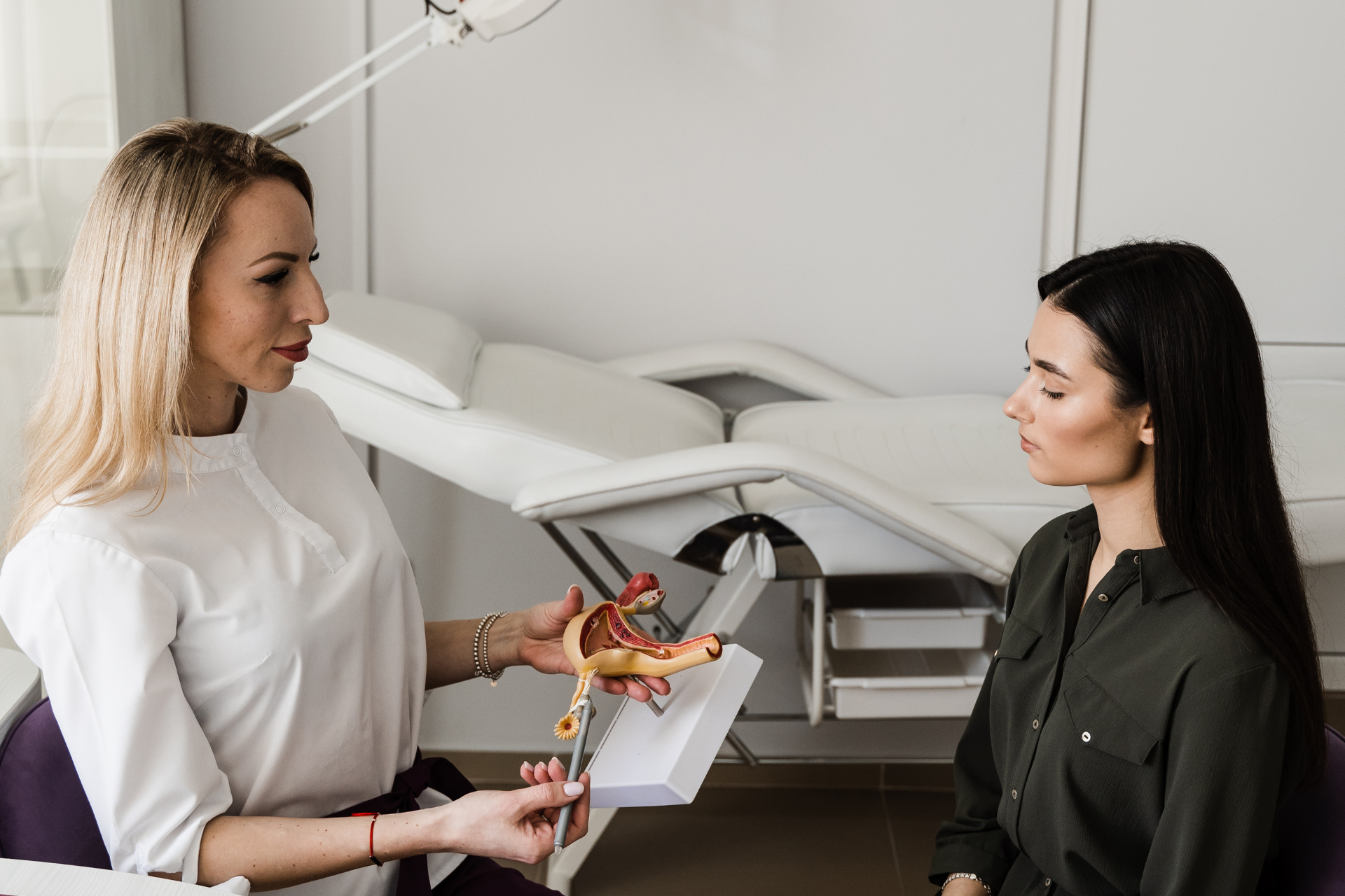 Doctor showing a plastic uterus model to a patient in a clinic
