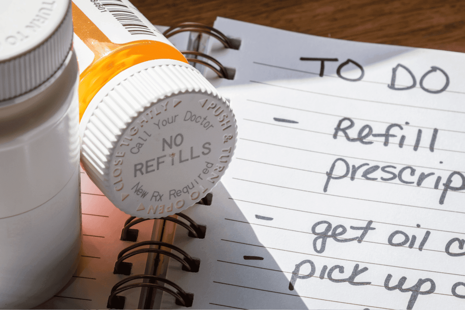 Prescription bottle with “No Refills” cap on a to-do list reminder