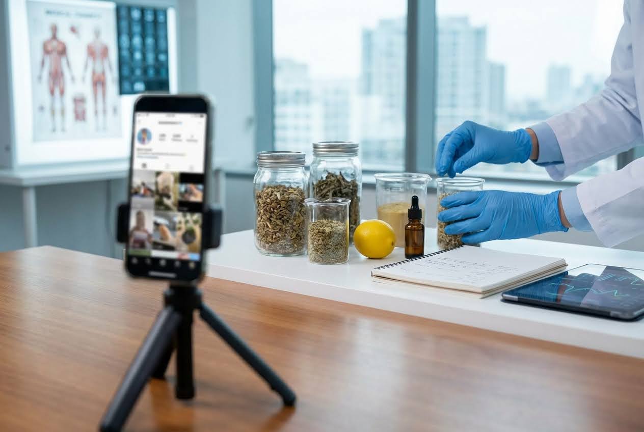 Scientist in blue gloves preparing natural ingredients for a social media video, with jars of herbs and a lemon