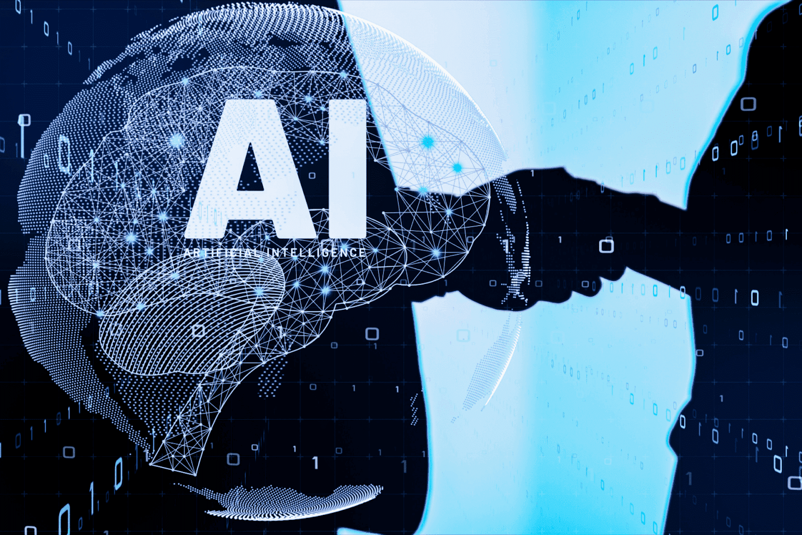 Silhouettes shaking hands overlaid with a digital brain and the text "AI"