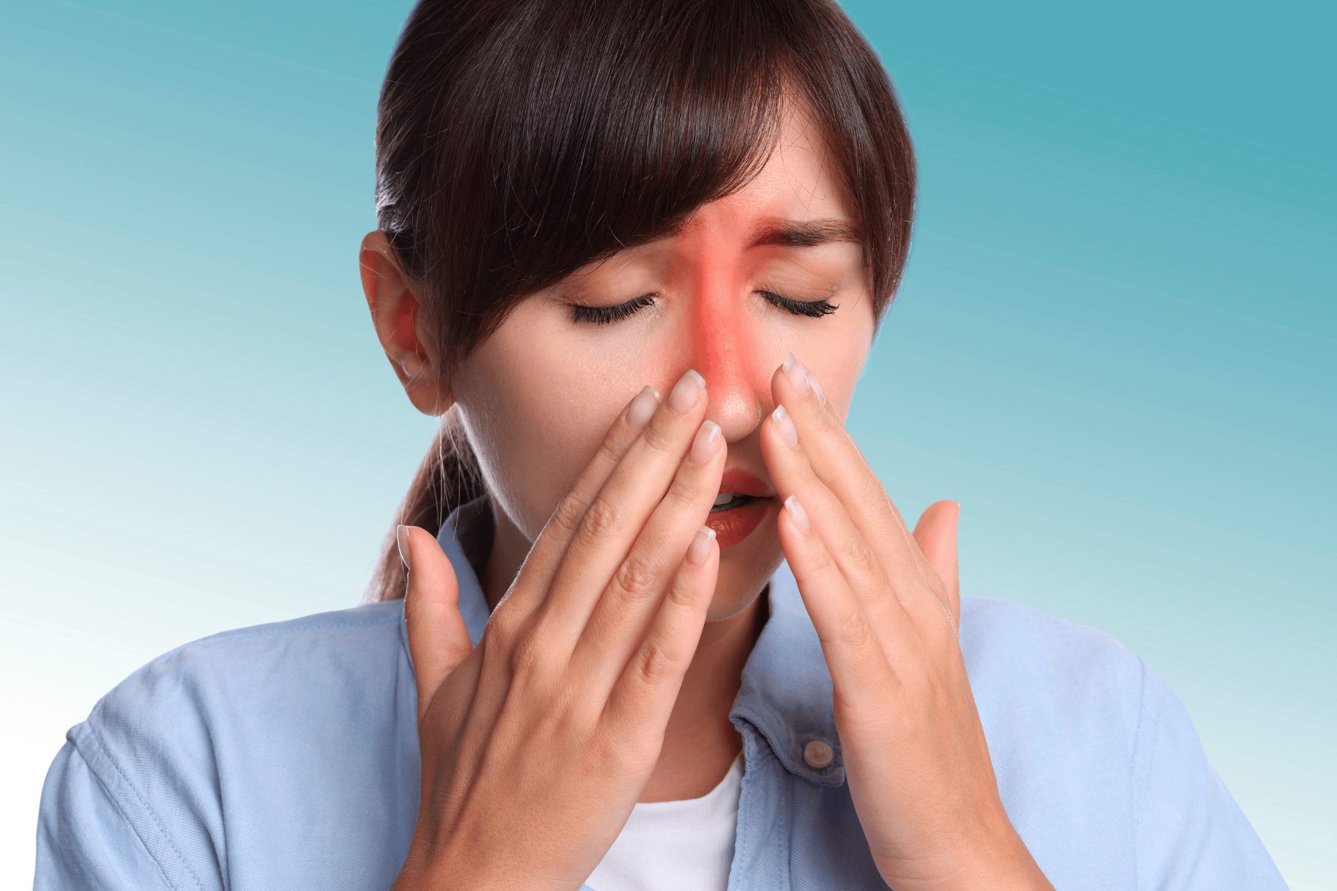 Woman holding her face with redness around the nose, showing sinus pain.