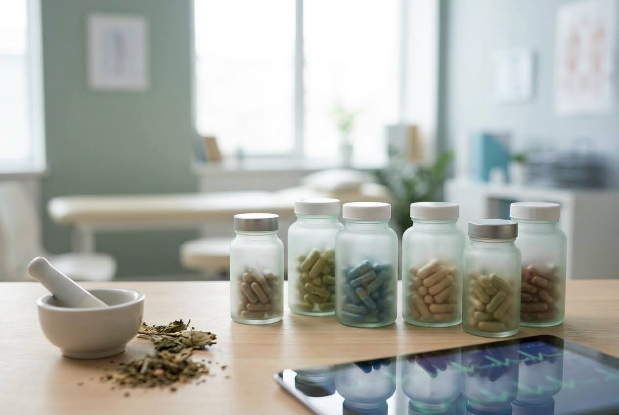 Six frosted bottles of various colored capsules, a mortar and pestle with herbs, and a tablet on a wooden table.