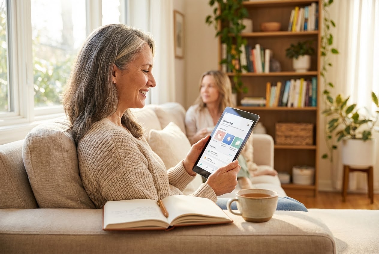 Smiling woman with gray hair on a sofa, looking at a tablet showing a health app, with another woman and a bookshelf in the background.