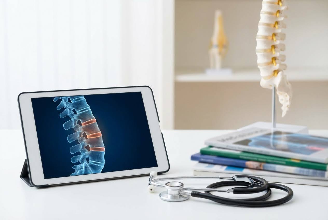 Medical desk with a tablet displaying a spine fracture, a stethoscope, and a spine model.