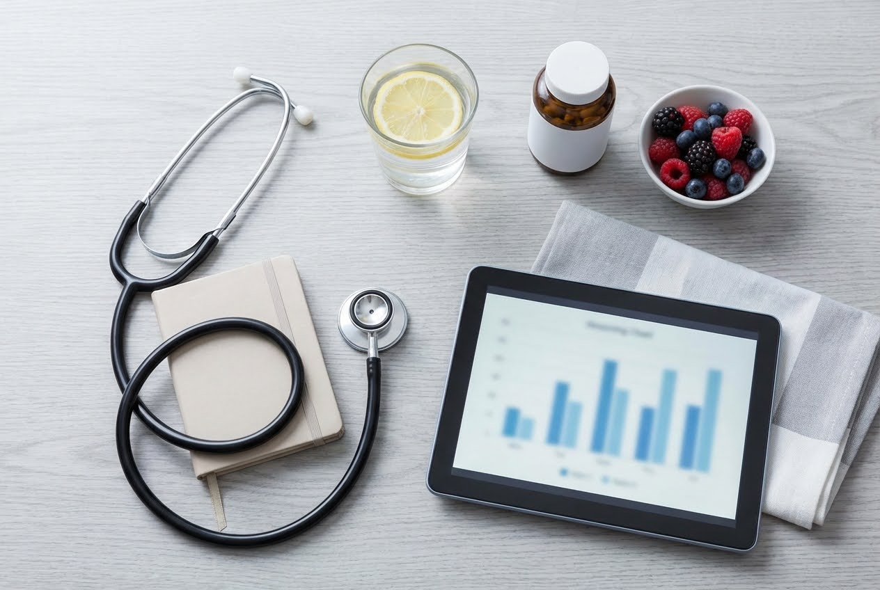 Medical desk with a brain model, files, glasses, tablet displaying brain and calendar icons, stethoscope, and pill bottle.