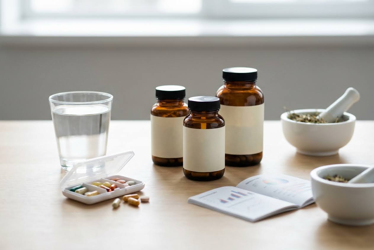 Supplements in amber bottles, a pill organizer, a glass of water, and mortar and pestles with herbs on a light wooden table.