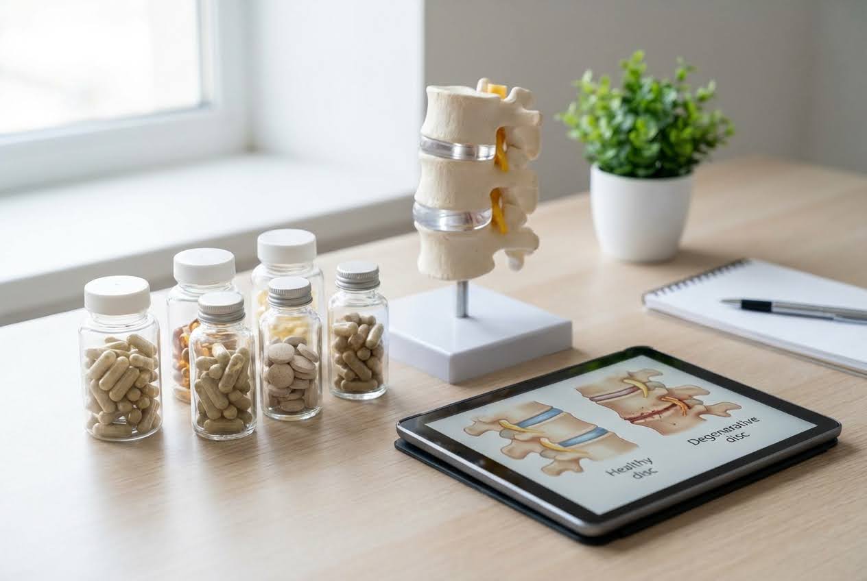 Supplements in bottles, a spine model, and a tablet showing healthy vs. degenerative discs on a light wooden desk