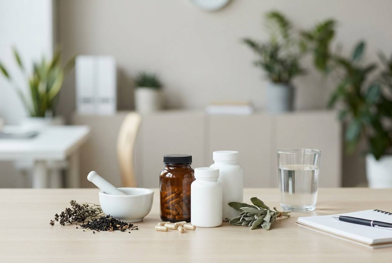 Bottles of supplements and capsules sit on a table beside a glass of water, a mortar and pestle with herbs, and a notepad in a bright home setting.