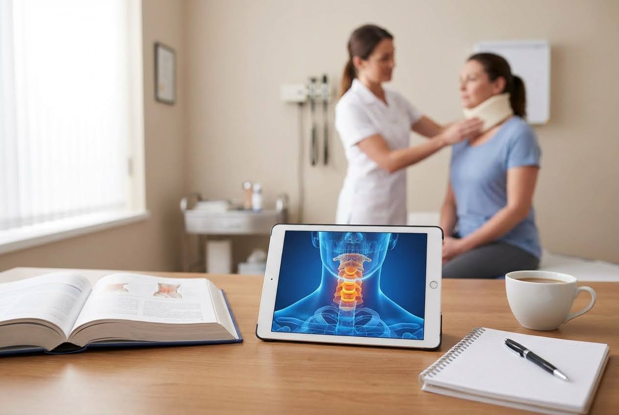 Tablet displaying a glowing cervical spine, with a nurse examining a patient wearing a neck brace in the blurred background