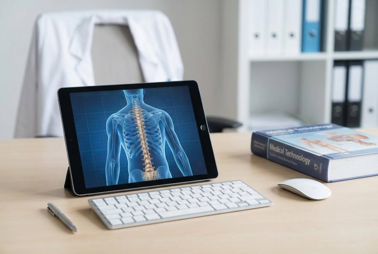 Tablet displaying a human spine and rib cage, with a keyboard, mouse, pen, and medical textbook on a desk