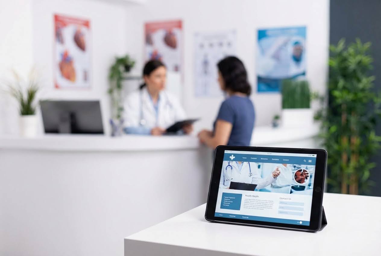 Tablet displaying a medical website, with a blurred doctor and patient in a clinic reception area.