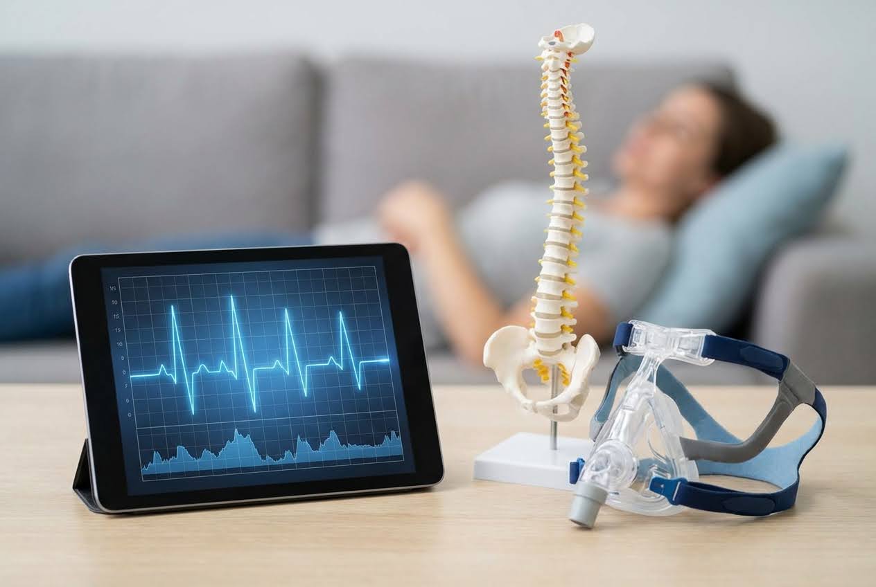 Tablet with ECG, spine model, and CPAP mask on a table, with a person resting on a couch in the blurred background
