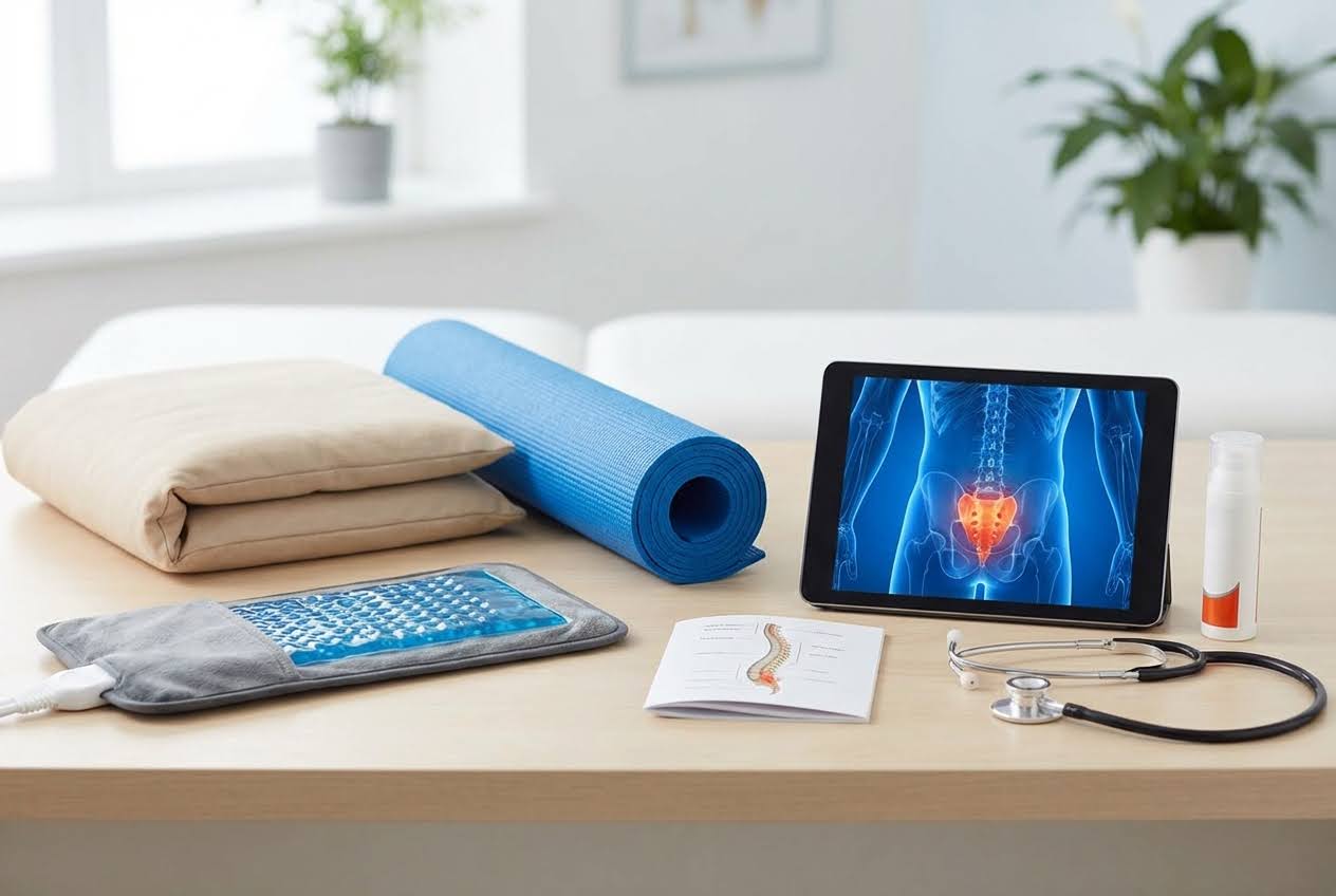 Medical items for tailbone pain relief, including a heating pad, yoga mat, and tablet displaying an inflamed area