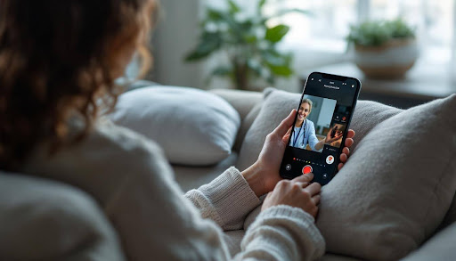 Woman on telehealth video call on an iphone