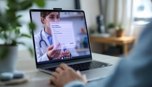 Telehealth video call between Doctor and patient discussing information needed for submitting a prescription.