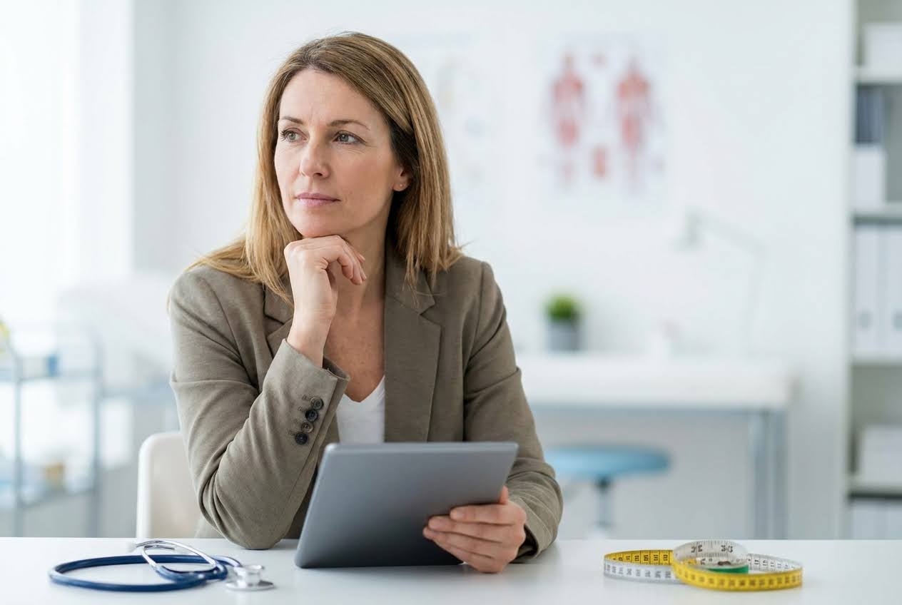 Thoughtful woman in a doctor's office, holding a tablet, with a stethoscope and measuring tapes on the white desk.