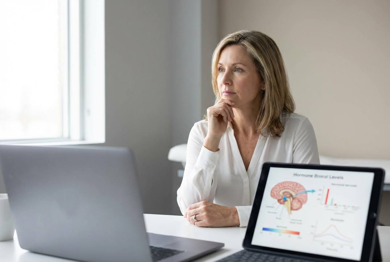 Thoughtful woman looking out a window, with a laptop and a tablet displaying hormone levels on a desk.