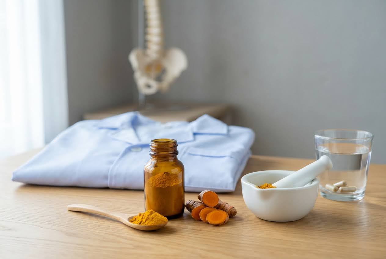Turmeric powder, sliced roots, and capsules on a wooden table with a folded shirt and spine model in the background