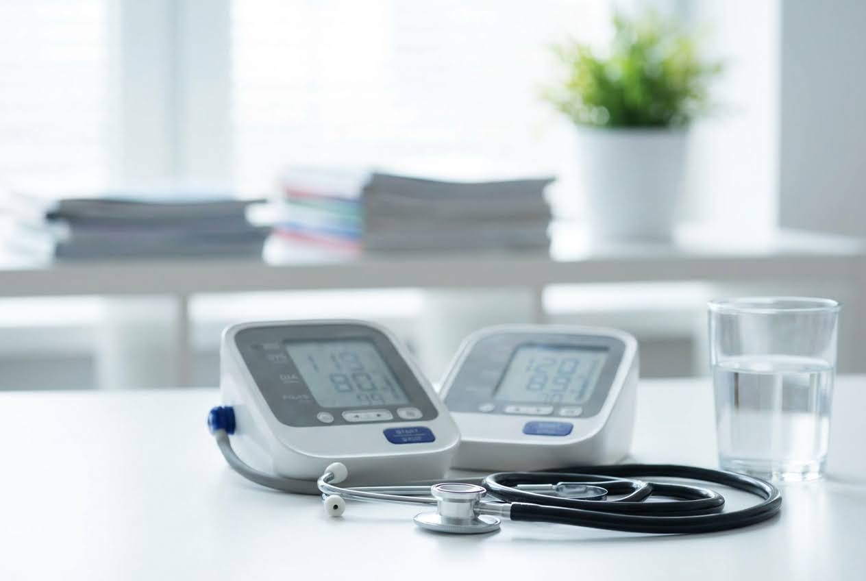 Two digital blood pressure monitors, a stethoscope, and a glass of water on a white table in a bright room.