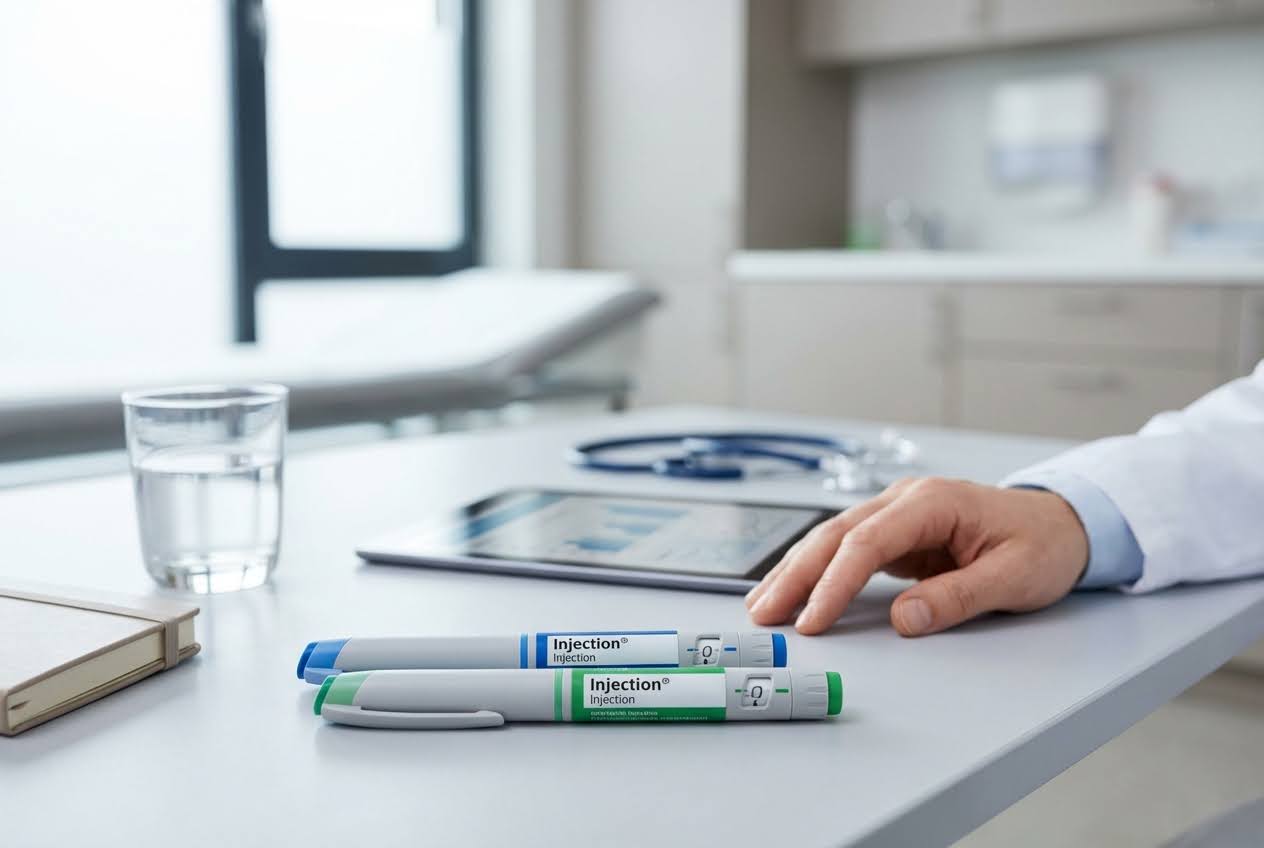 Two injection pens, blue and green, on a table with a doctor's hand, tablet, stethoscope, and water glass in a clinic