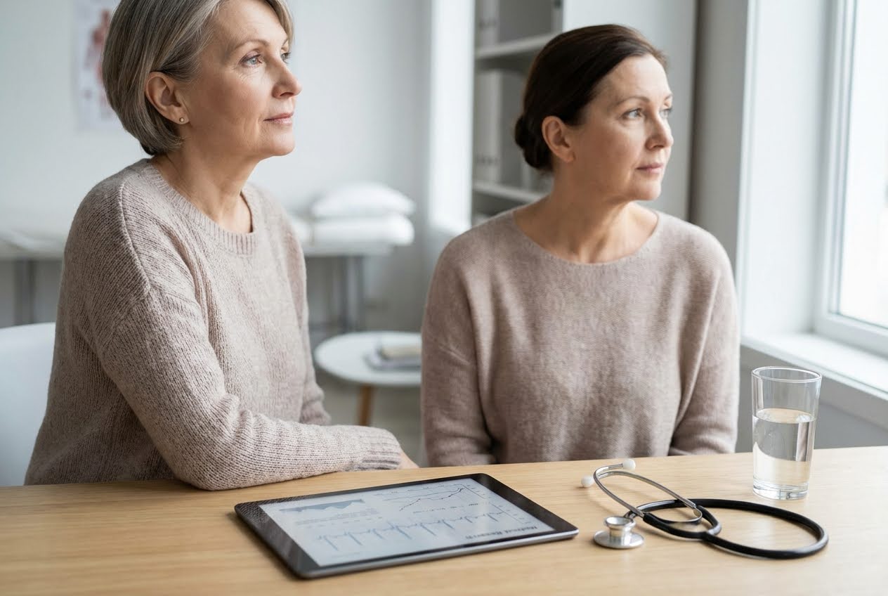 Two middle-aged women in neutral sweaters look thoughtfully out a window, with a tablet and a stethoscope on the table.