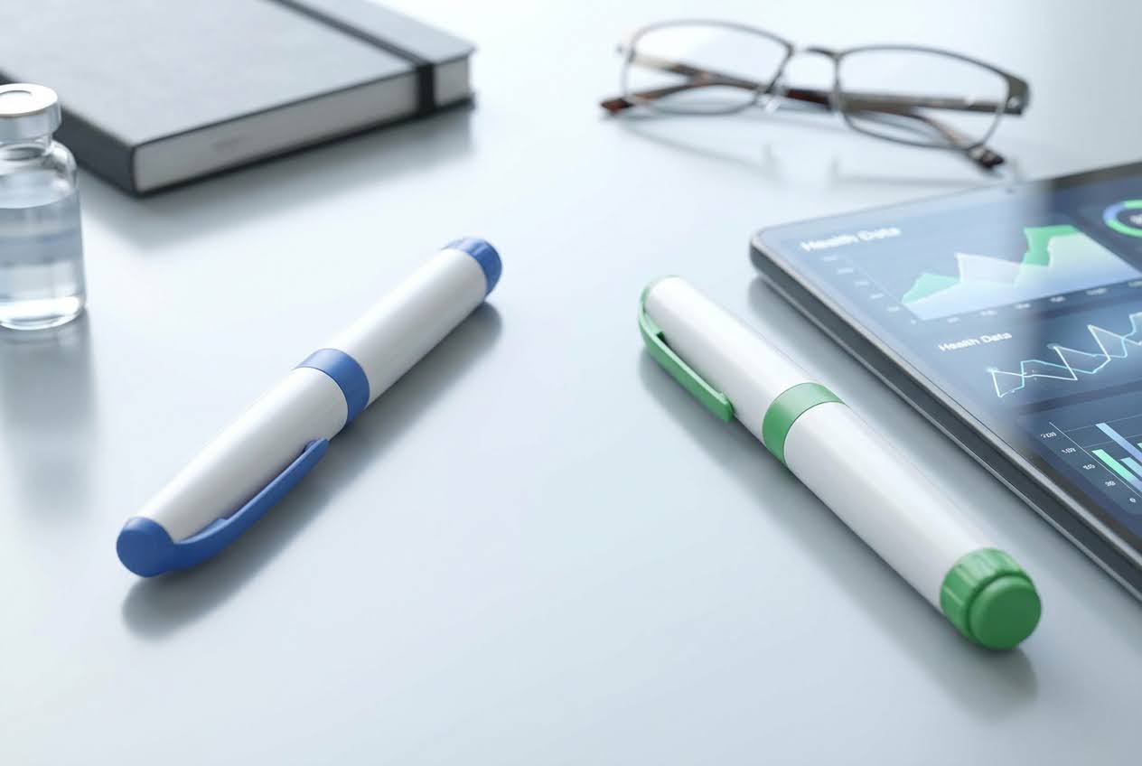 Two white injection pens, one with blue accents and one with green, on a light surface with a tablet showing health data