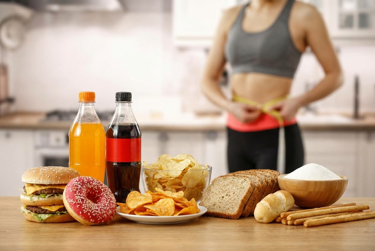 Unhealthy foods like burgers, donuts, chips, and sugary drinks on a table, with a woman measuring her waist in the background.