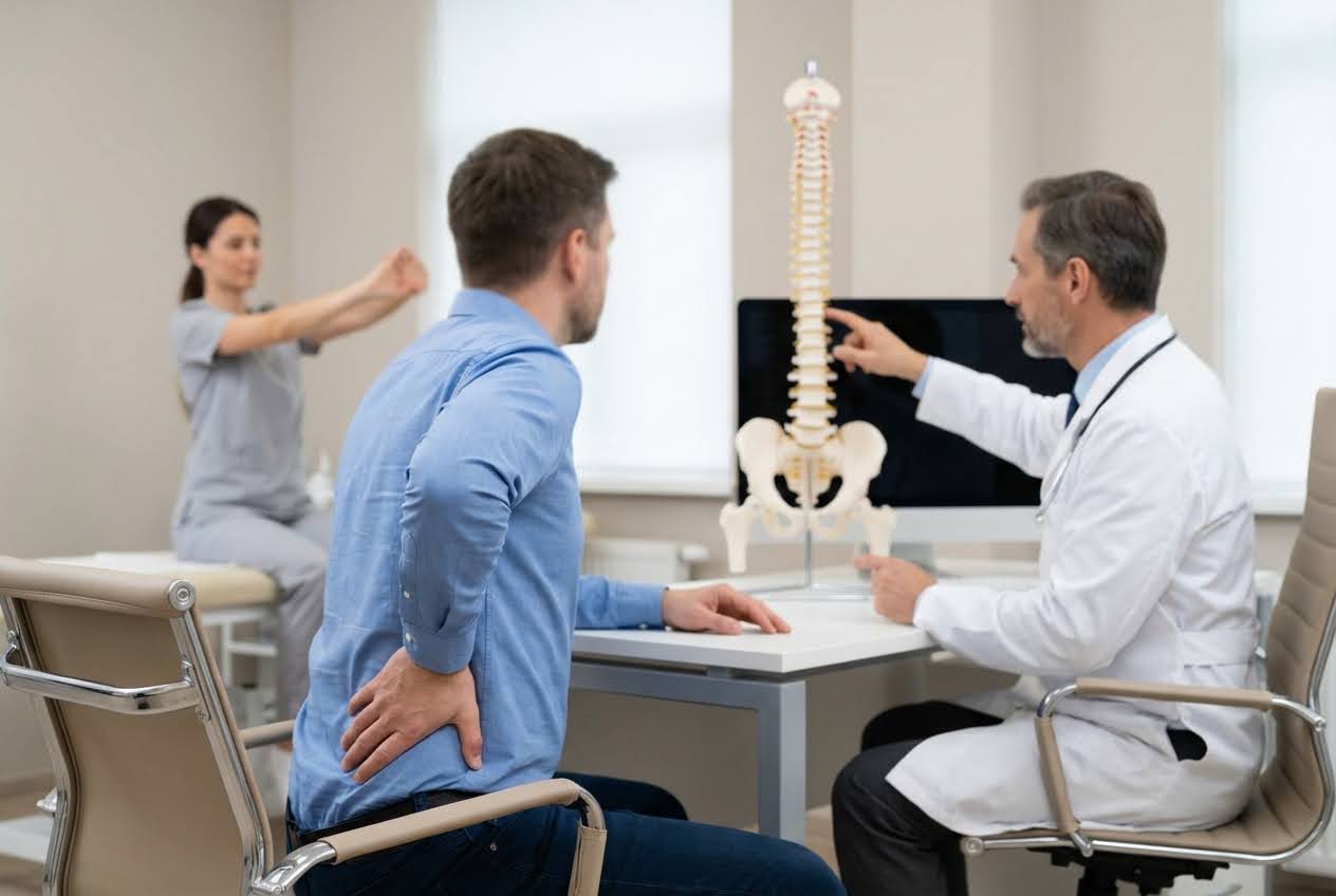 A man with back pain consults a doctor, pointing at a spine model, while a therapist stretches in the background.