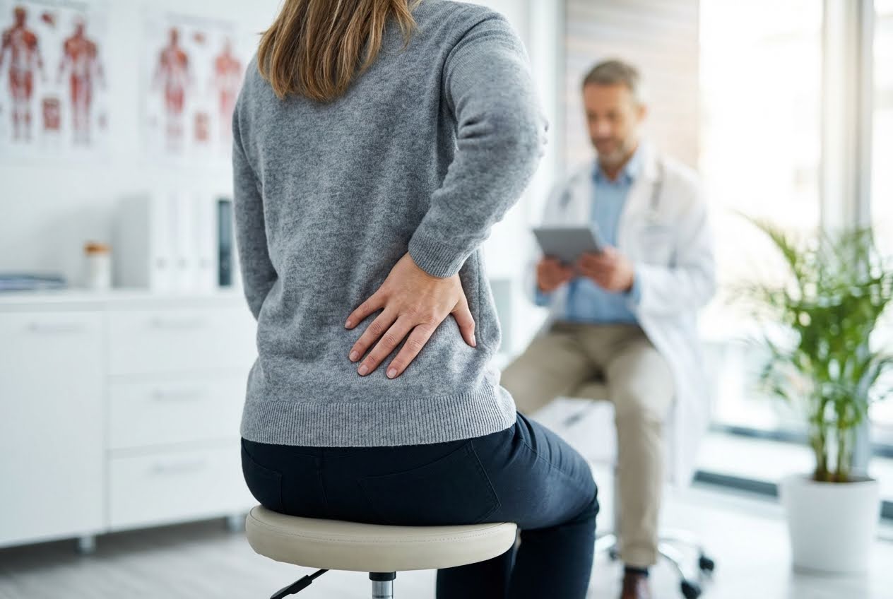 A woman in a gray sweater sits with her hand on her lower back, facing away from a blurred doctor with a tablet.
