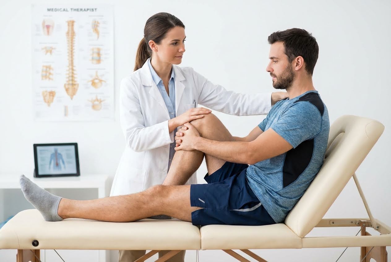 A female physical therapist in a white coat helps a male patient stretch his leg on an examination table.