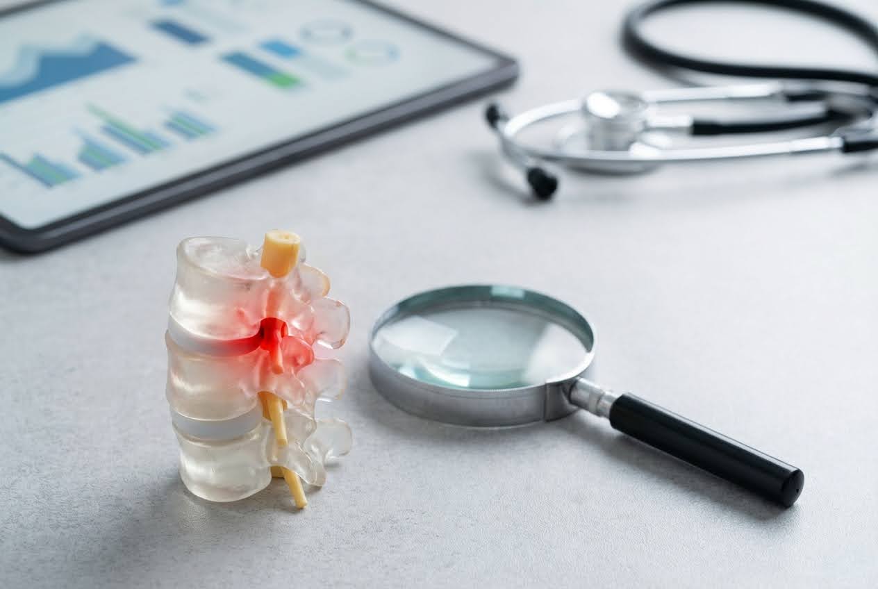Spinal model with red inflamed area, magnifying glass, stethoscope, and tablet on a light gray surface.