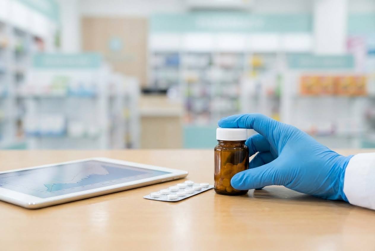 Gloved hand holding a pill bottle, tablet, and blister pack of pills on a pharmacy counter.