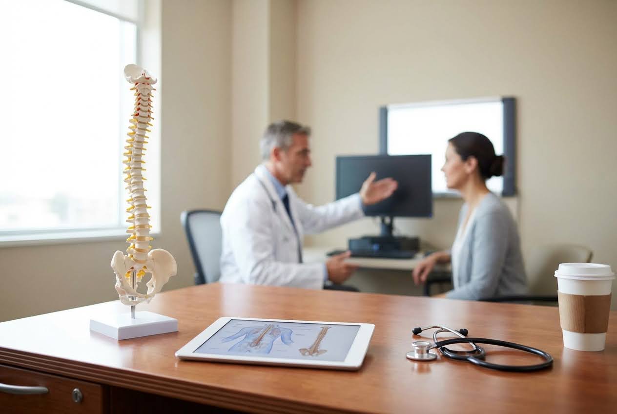 Spine model, tablet with anatomy, and stethoscope on a desk, with a doctor and patient talking in the blurred background.