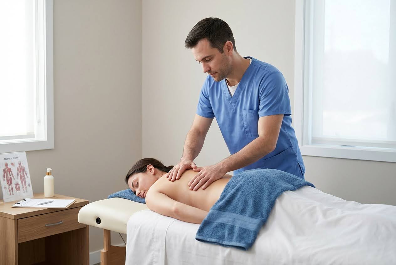 A male masseur in blue scrubs giving a back massage to a woman lying face down on a massage table.