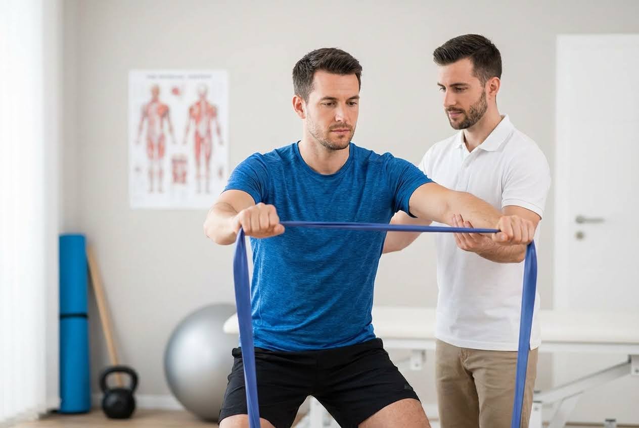 Man in blue shirt doing resistance band exercise with a physical therapist assisting.