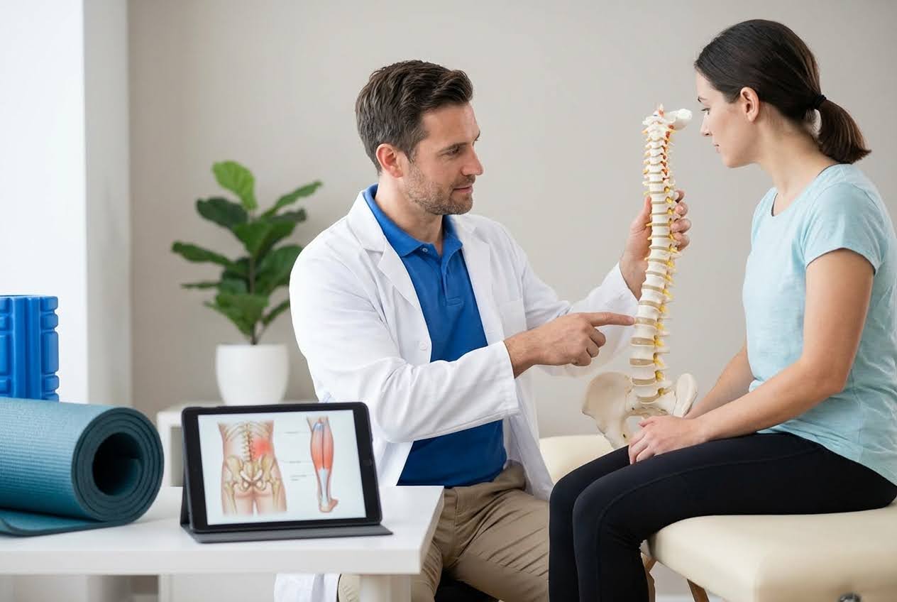 Doctor pointing to a spine model while a female patient sits, with a tablet showing anatomical diagrams and exercise equipment nearby.