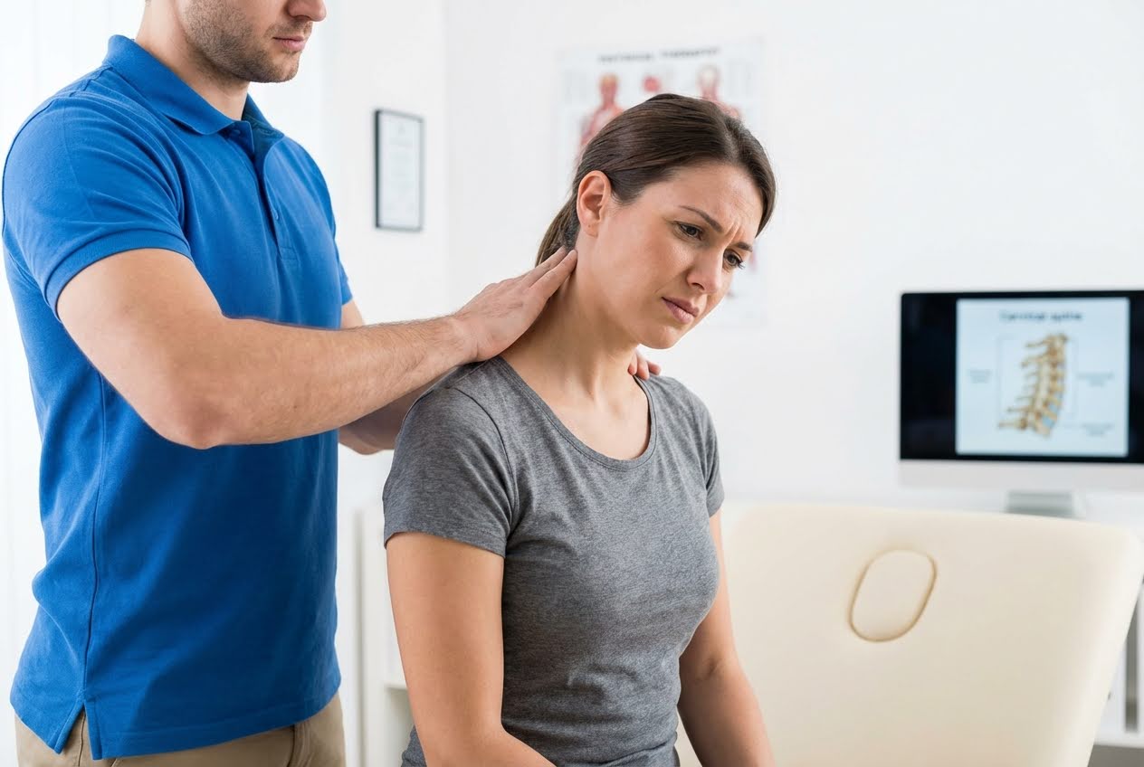 Physical therapist examining a woman’s neck and shoulders for pain or stiffness.