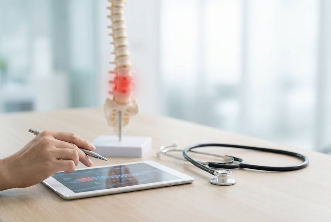 Hand pointing at a spine X-ray on a tablet, with a spine model showing red pain and a stethoscope on a wooden desk.