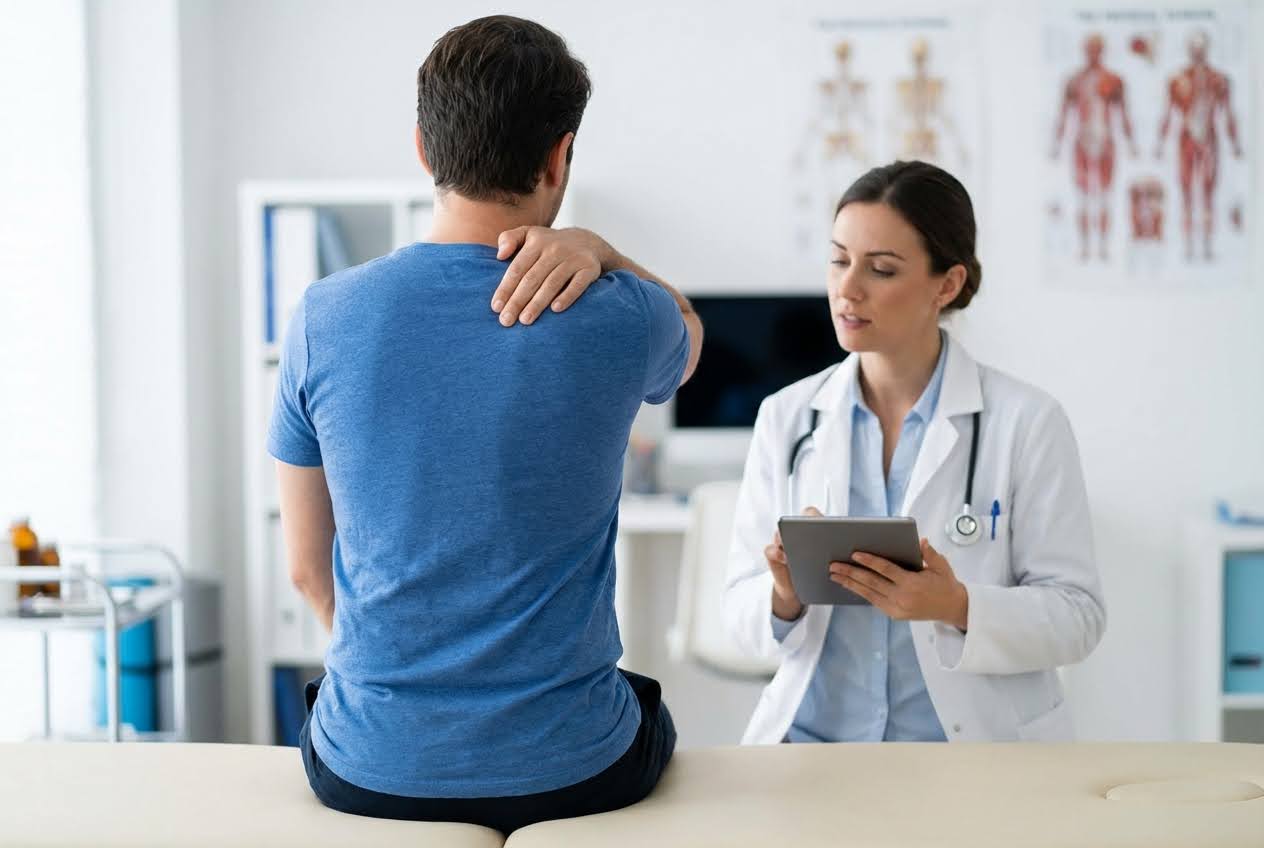 Man in blue t-shirt touching his shoulder in pain, consulting a female doctor in a white coat holding a tablet.
