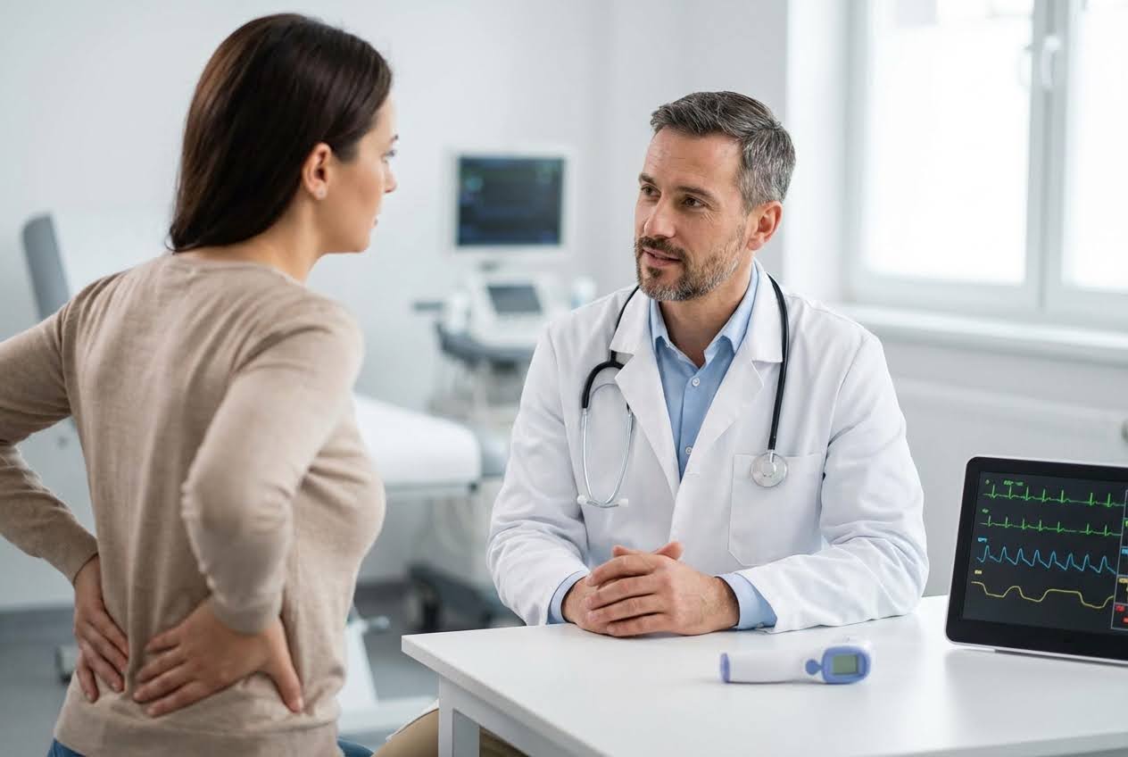 Woman with hands on her lower back talks to a male doctor in a white coat and stethoscope in a medical office.
