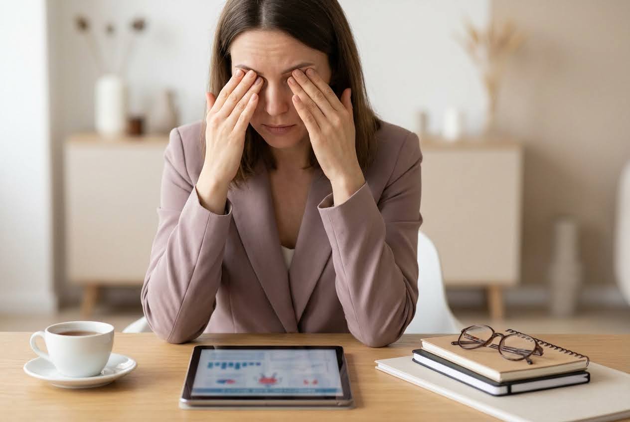 A tired woman in a blazer rubs her eyes at a desk with a tablet, coffee, and notebooks.