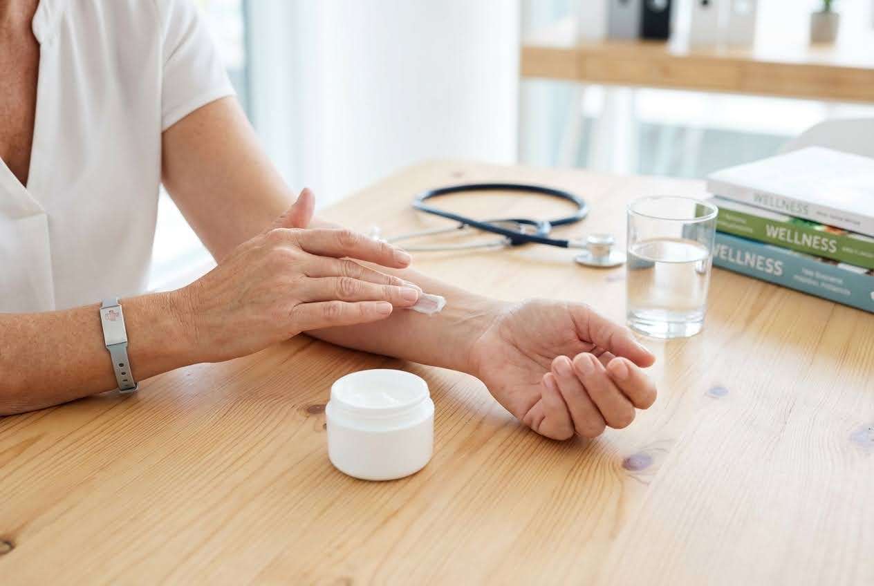 Woman applying cream to her wrist at a wooden table with a jar and glass of water nearby.
