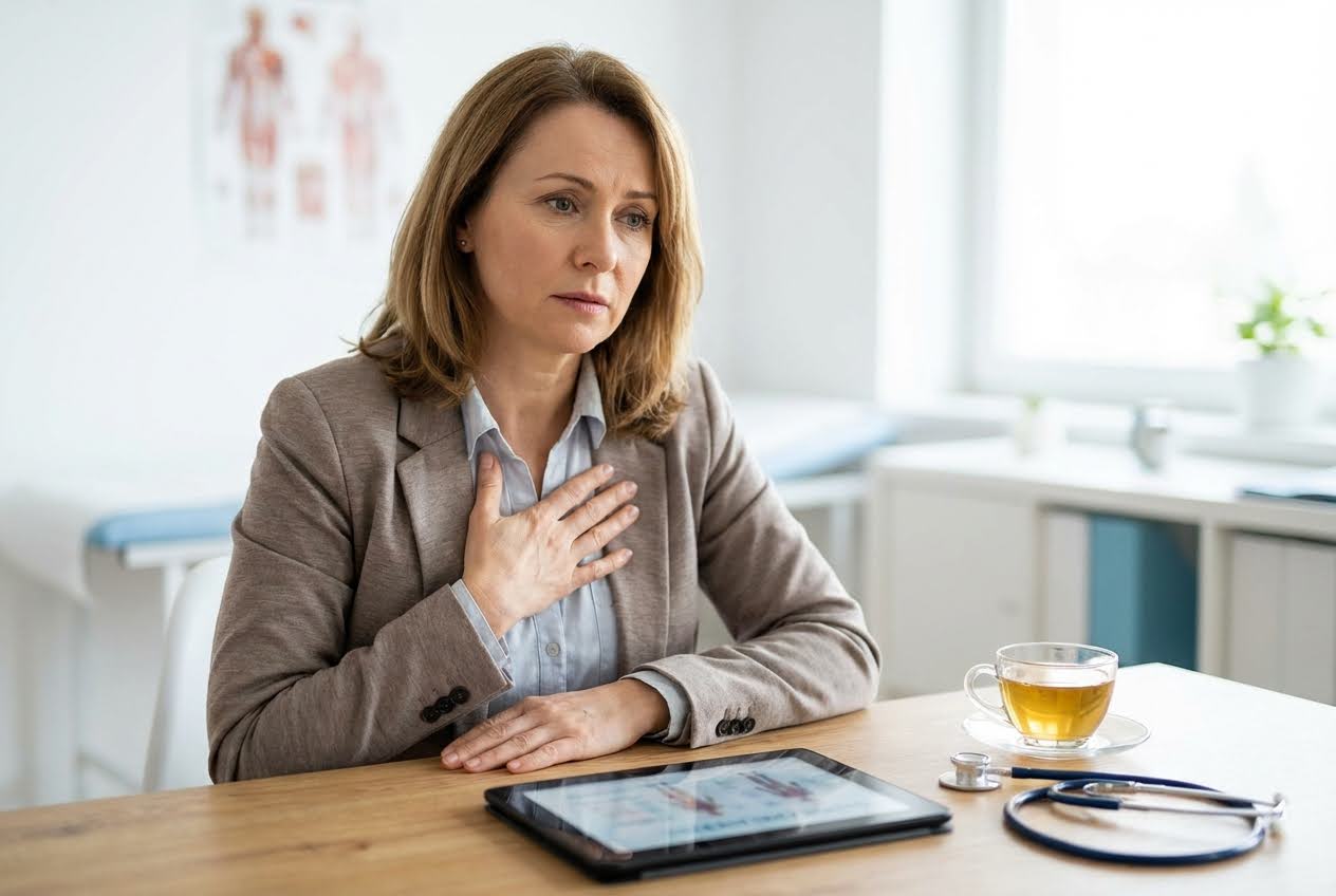 Woman in a doctor's office with hand on chest, looking concerned, with a tablet and stethoscope on the table.