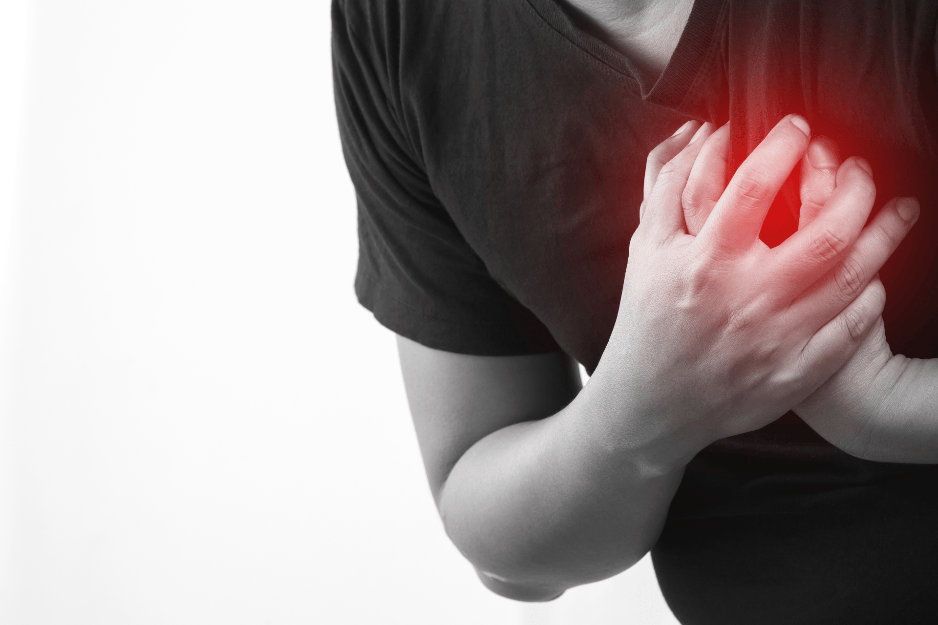 Person clutching their chest in pain with a red highlighted area.